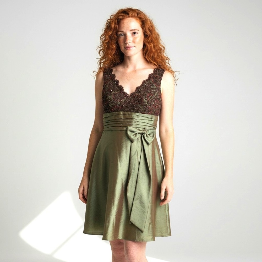 Boutique Olive Green Taffeta‎ Lace V-Neck Cocktail Dress Size 12 New With Tags